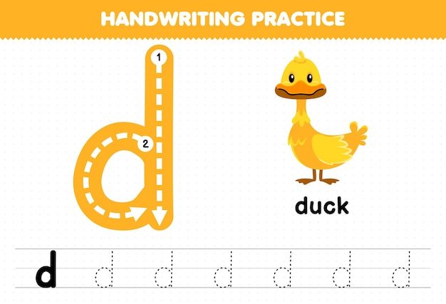 Education game for children handwriting practice with lowercase letters d for duck printable worksheet