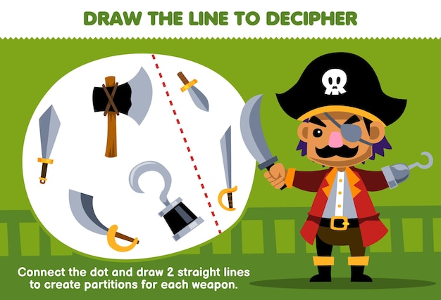 Education game for children help pirate captain draw the lines to separate the weapon printable pirate worksheet