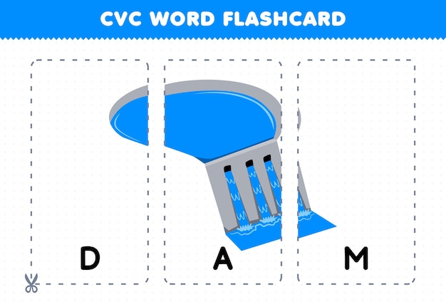 Education game for children learning consonant vowel consonant word with cute cartoon DAM water illustration printable flashcard