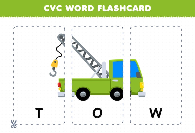 Education game for children learning consonant vowel consonant word with cute cartoon TOW truck illustration printable flashcard