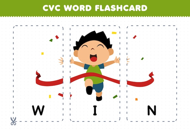 Education game for children learning consonant vowel consonant word with cute cartoon WIN illustration printable flashcard