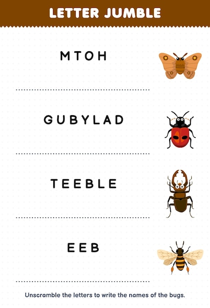 Education game for children letter jumble write the correct name for cute cartoon moth ladybug beetle bee printable bug worksheet