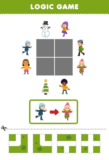 Education game for children logic puzzle build the road for boy move to girl playing ice skating printable winter worksheet