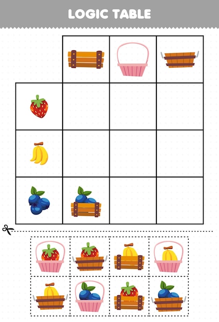 Education game for children logic table cartoon fruit strawberry banana blueberries match with correct basket printable worksheet