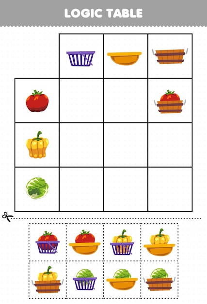 Education game for children logic table cartoon vegetable tomato paprika cabbage match with correct basket printable worksheet