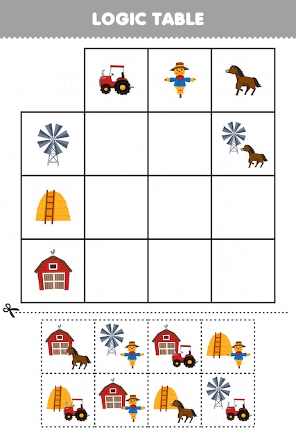 Education game for children logic table cut and match of cute cartoon tractor scarecrow horse windmill haystack and barn picture printable farm worksheet