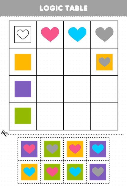 Education game for children logic table geometric shape heart and square printable worksheet