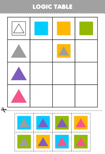 Education game for children logic table geometric shape square and triangle printable worksheet