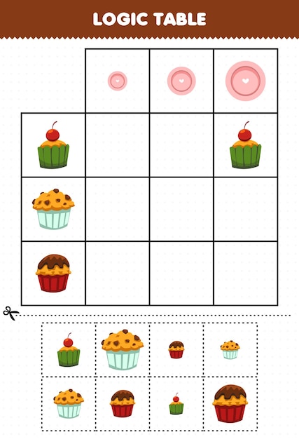 Education game for children logic table sorting size small medium or big of cartoon food cupcake muffin picture printable worksheet