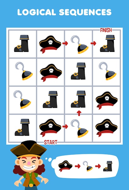 Education game for children logical sequence help boy sort hat hook and boot from start to finish printable pirate worksheet