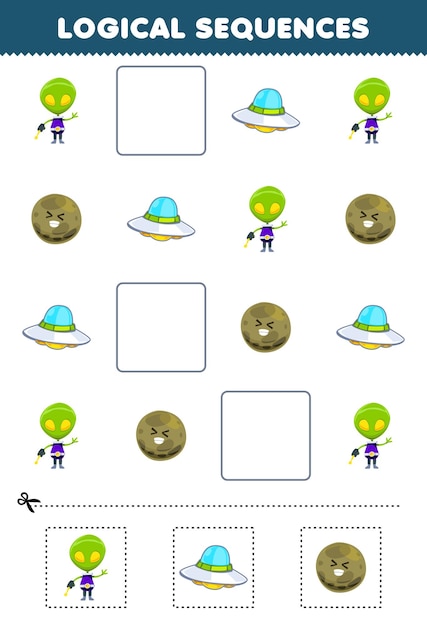 Education game for children logical sequences for kids with cute cartoon alien ufo planet printable solar system worksheet