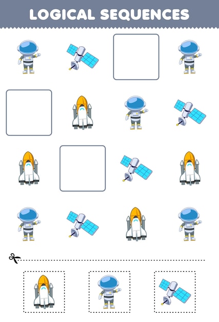 Education game for children logical sequences for kids with cute cartoon astronaut satellite spaceship printable solar system worksheet