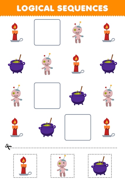 Education game for children logical sequences for kids with cute cartoon candle cauldron voodoo doll picture halloween printable worksheet