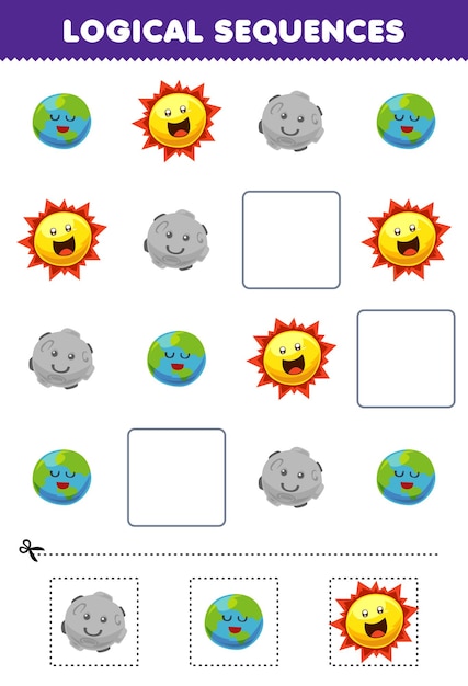 Education game for children logical sequences for kids with cute cartoon earth planet sun moon printable solar system worksheet