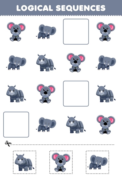 Education game for children logical sequences for kids with cute cartoon koala elephant rhino picture printable gray animal worksheet