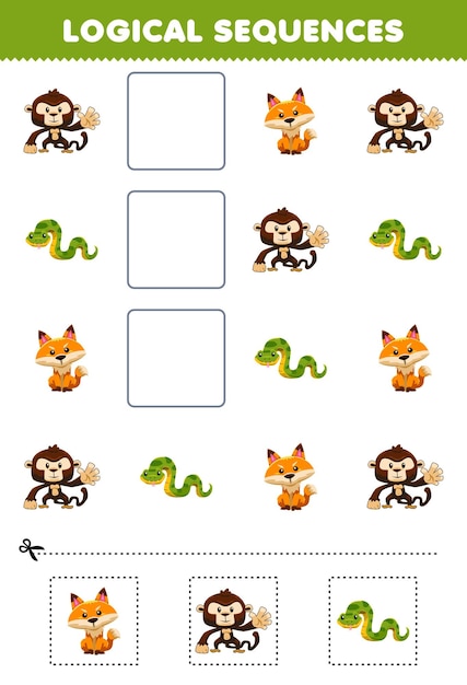 Education game for children logical sequences for kids with cute cartoon monkey fox snake picture printable jungle animal worksheet