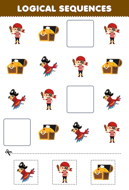 Education game for children logical sequences for kids with cute cartoon treasure chest parrot pirate boy costume picture halloween printable worksheet