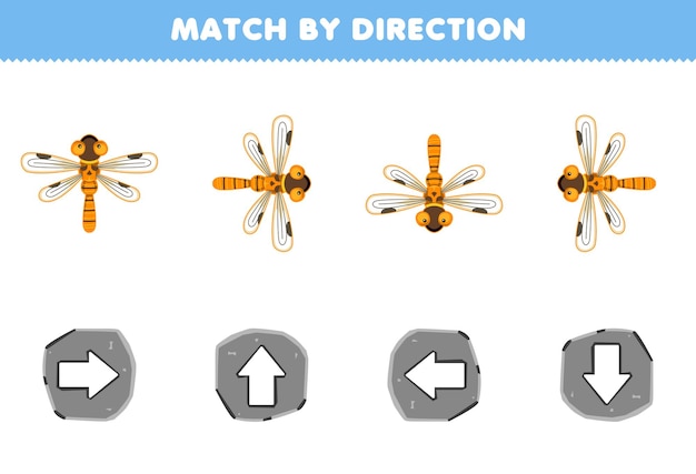 Education game for children match by direction left right up or down orientation of cute cartoon dragonfly printable bug worksheet