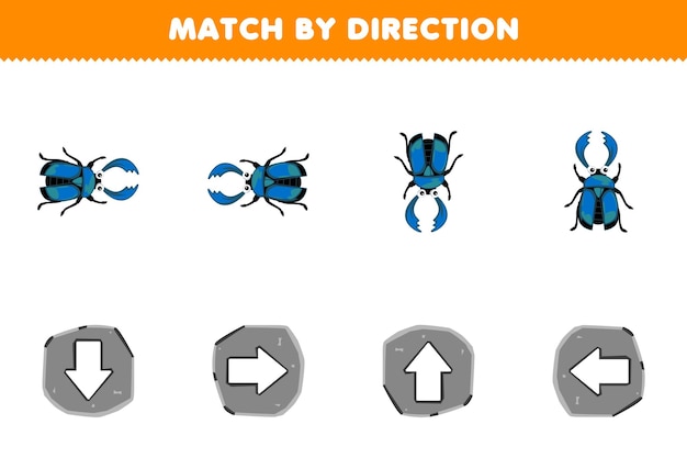 Education game for children match by direction left right up or down orientation of cute cartoon stag beetle printable bug worksheet