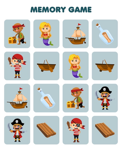 Education game for children memory to find similar pictures of cute cartoon mermaid wooden ship boat bottle printable pirate worksheet