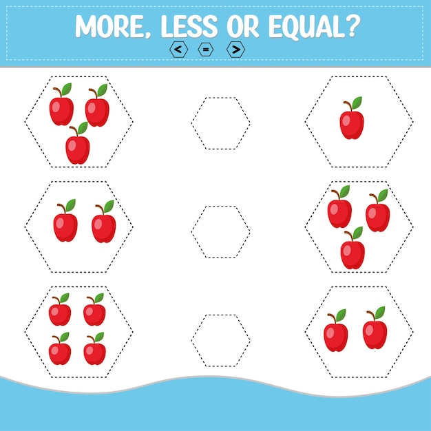 Education game for children more less or equal count the amount of cartoon fruits cherry guava