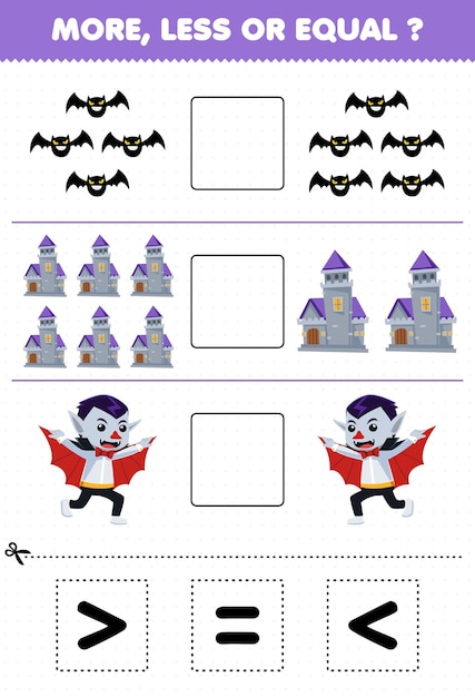 Education game for children more less or equal count the amount of cute cartoon bat castle dracula costume then cut and glue cut the correct sign halloween worksheet