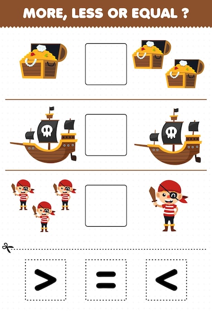 Education game for children more less or equal count the amount of cute cartoon treasure chest ship pirate costume then cut and glue cut the correct sign halloween worksheet