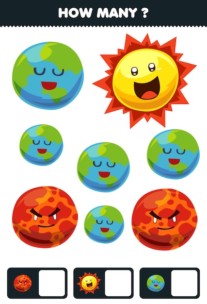 Education game for children searching and counting how many objects cute cartoon solar system planet earth mars sun