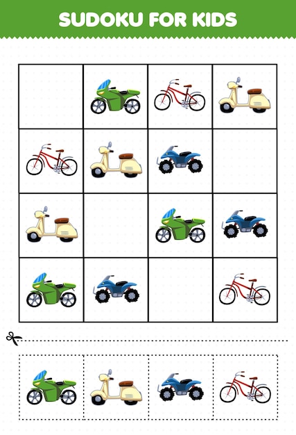 Education game for children sudoku for kids with cartoon bike transportation picture