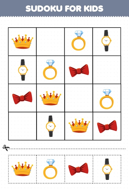 Education game for children sudoku for kids with cartoon wearable clothes ribbon crown ring watch picture