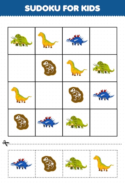 Education game for children sudoku for kids with cute cartoon prehistoric dinosaur triceratops isisaurus fossil picture