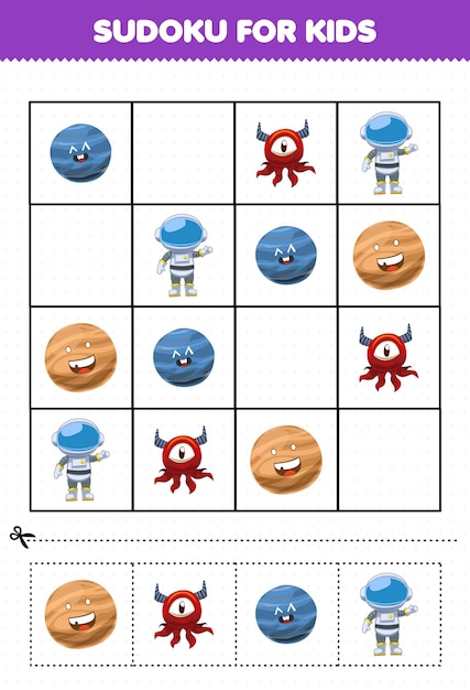 Education game for children sudoku for kids with cute cartoon solar system planet alien astronaut picture