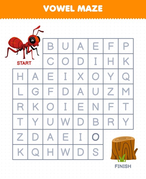 Education game for children vowel maze help cute cartoon ant move to wood log printable bug worksheet