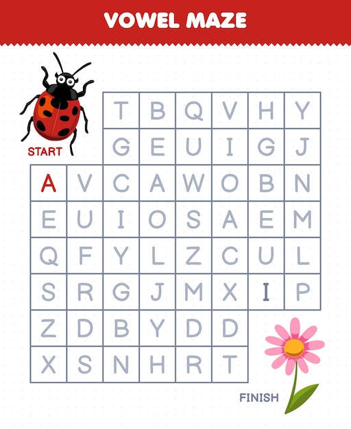 Education game for children vowel maze help cute cartoon ladybug move to flower printable bug worksheet