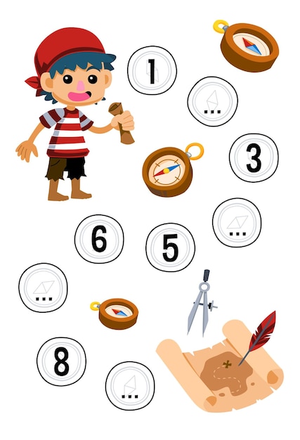 Education game for complete the sequence of number with cute cartoon boy around the compass and treasure chest picture printable pirate worksheet