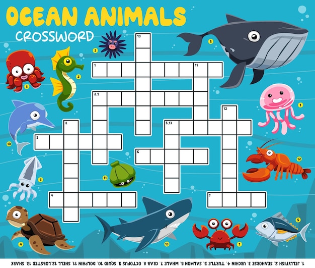 Education game crossword puzzle for learning english words with cute cartoon ocean animals picture printable worksheet