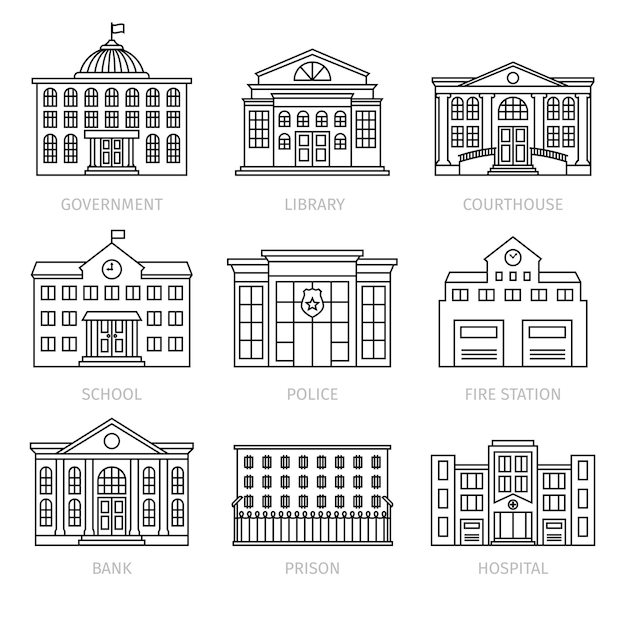 Education and government buildings thin line icons. Museum and school, library and prison house vector signs. Vector illustration