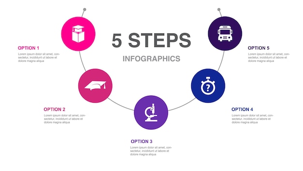 Education graduation cap microscope quiz school bus icons Infographic design template Creative concept with 5 steps