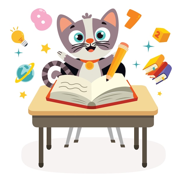 Education Illustration With Cartoon Cat