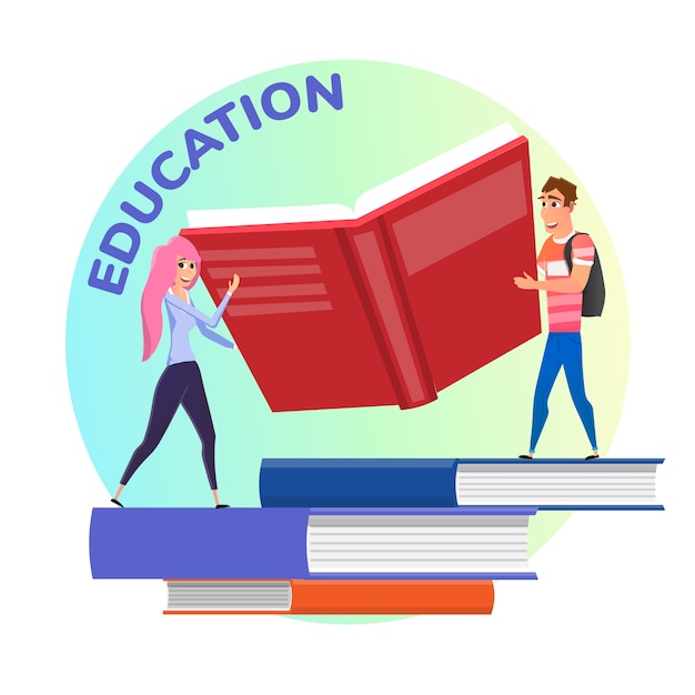 Education illustration with Students Holding Huge Book