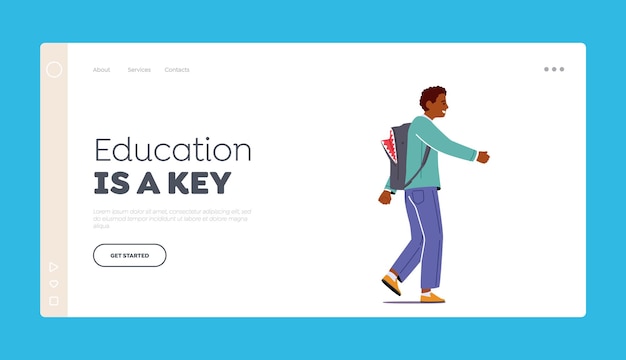 Education is a Key Landing Page Template African Student Boy Go to School Pupil Character in Uniform and Schoolbag