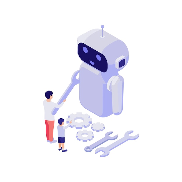 Education isometric concept with man and child constructing robot 3d illustration