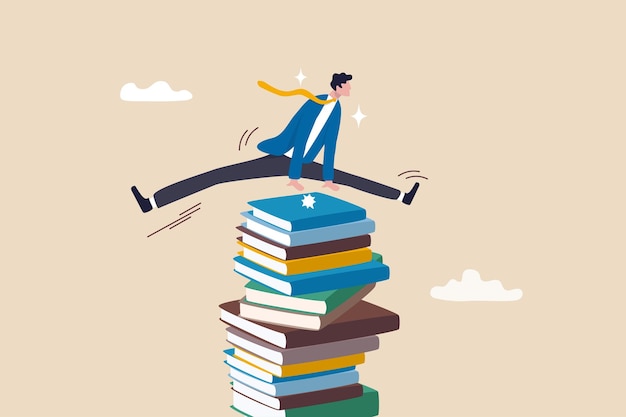 Education or knowledge challenge to read books or study new skill wisdom or intelligence for career opportunity concept smart businessman jump over high books stack