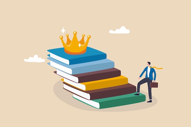 Education or knowledge steps to success learning or study for skill development to achieve business success concept businessman step up on stack of books as staircase to achieve crown at the top