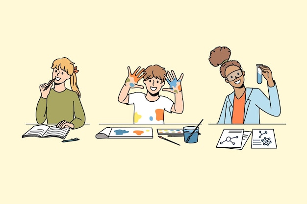 Education and learning subjects concept. Group of happy excited people children kids sitting learning writing painting and chemistry in class vector illustration