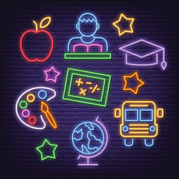 Education neon icons set