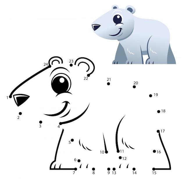 Education Numbers game. Dot to dot game. Polar bear cartoon