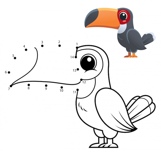 Education Numbers game. Dot to dot game. Toucan cartoon