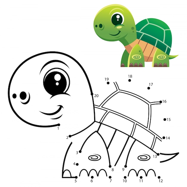 Education Numbers game. Dot to dot game. Turtle cartoon