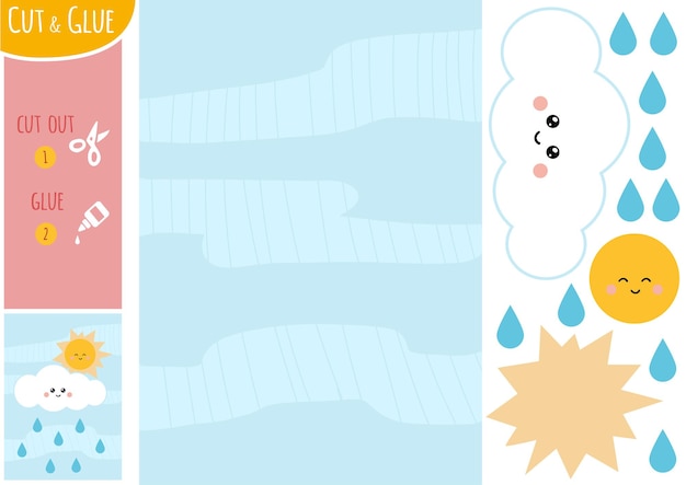 Education paper game for children, Sun with cloud and raindrops in the blue sky. Use scissors and glue to create the image.